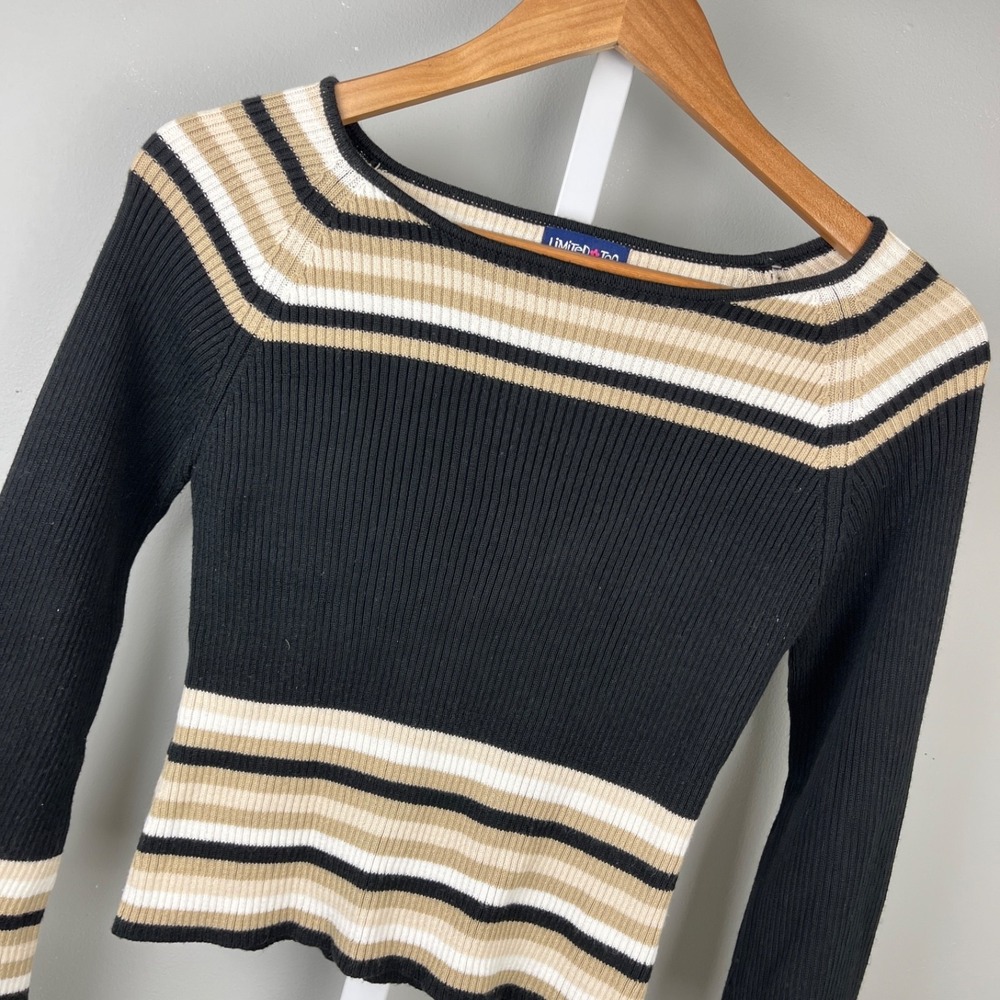 Limited Too Juniors S Rib Knit Stripe Sweater Top Black Tan Long Sleeve VTG Y2K